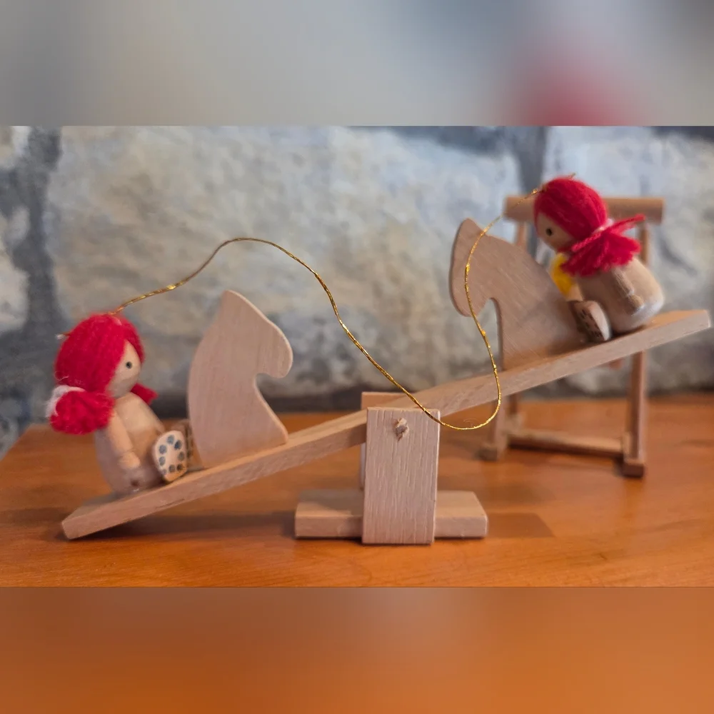 VTG Christmas Ornaments Wood Teeter Totter Rocking Horse Buggy Swing Lot 4 RUSS